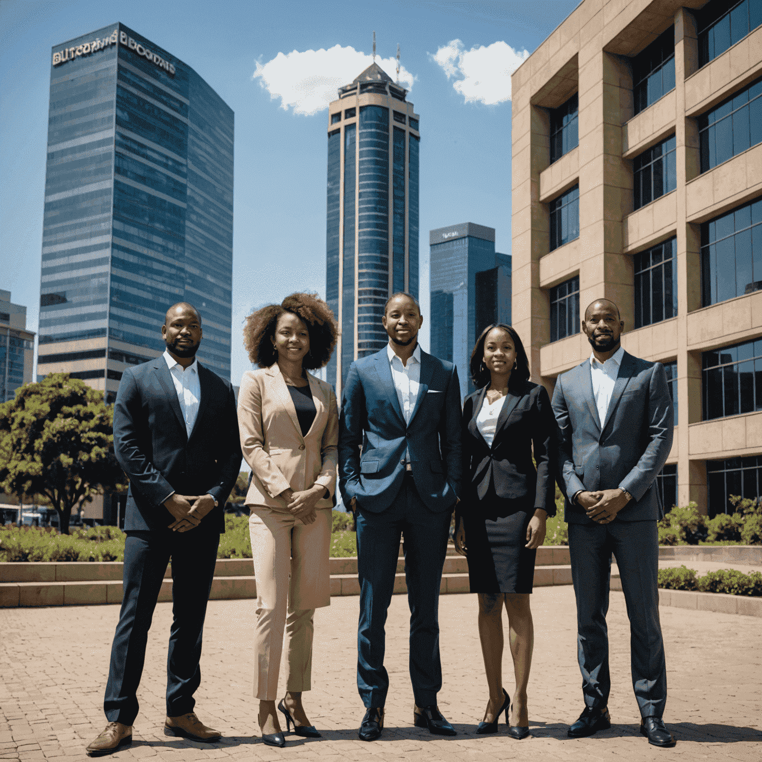 The BiltongBrains team standing in front of a modern office building in Johannesburg. The team is diverse, representing the multicultural nature of South Africa, and dressed in professional attire. The background showcases the city skyline, symbolizing the urban business environment of South Africa.