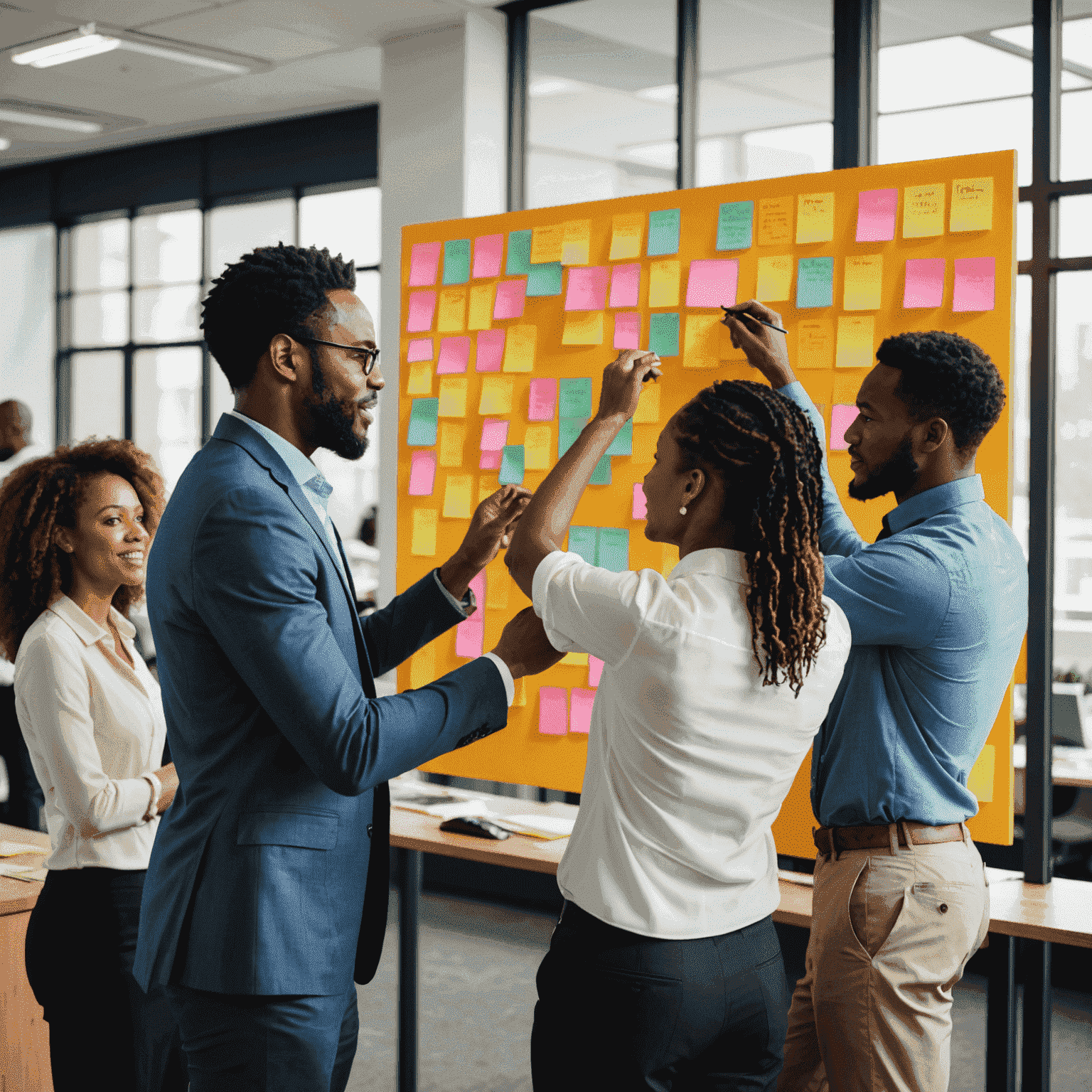 A diverse group of South African business professionals collaborating on an agile board with sticky notes, showcasing teamwork and innovation in a modern office setting