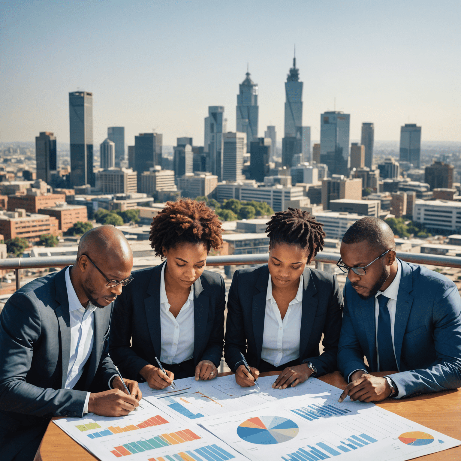 A group of diverse South African business consultants analyzing economic charts and graphs, with Johannesburg skyline in the background