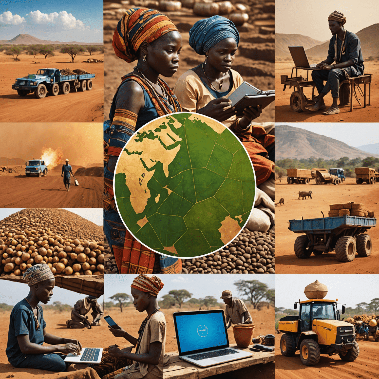 A collage showing traditional African industries like mining, agriculture, and textiles alongside modern digital devices and interfaces, symbolizing the digital transformation process