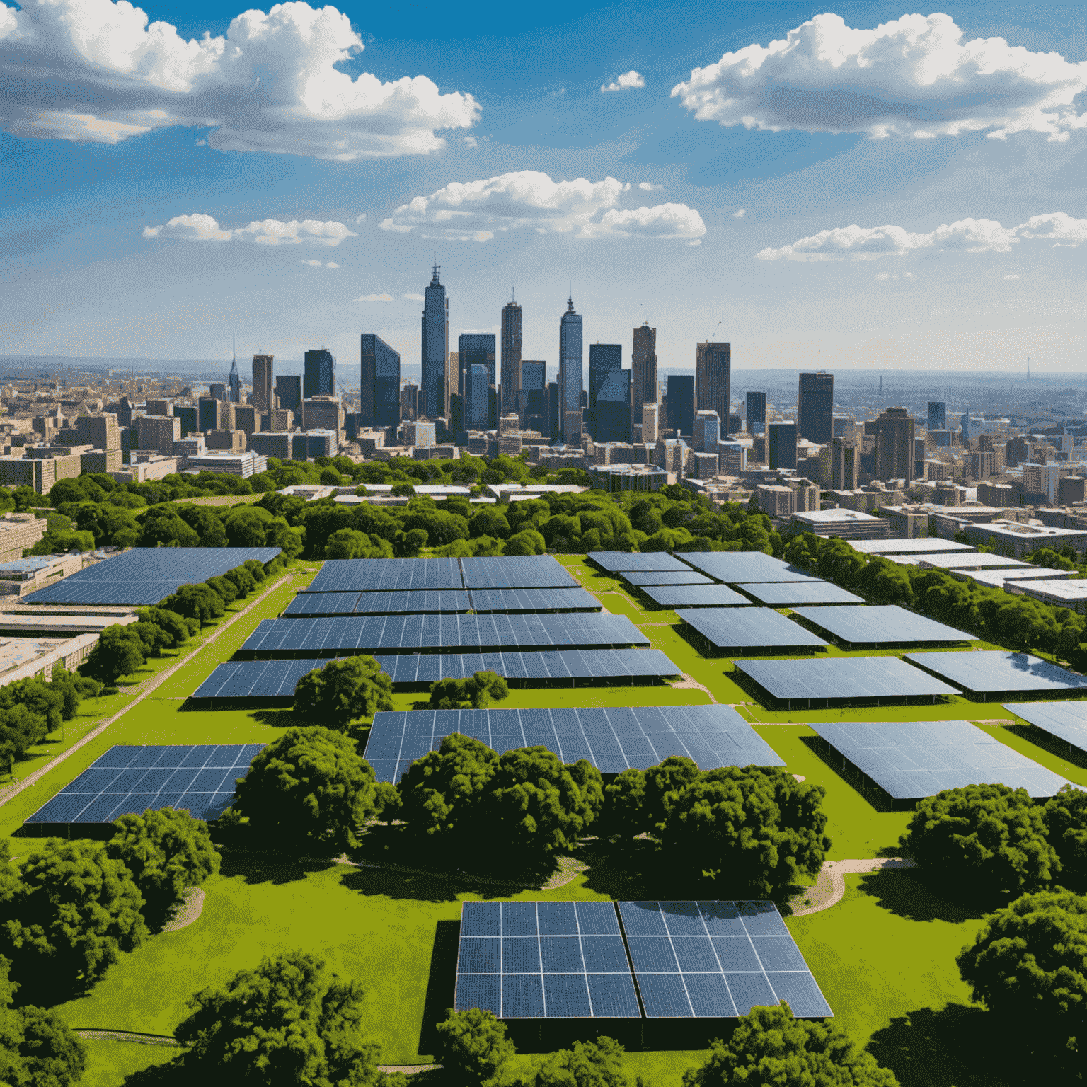 A panoramic view of Johannesburg skyline with green parks and solar panels visible, symbolizing the balance between urban development and sustainability in South African business