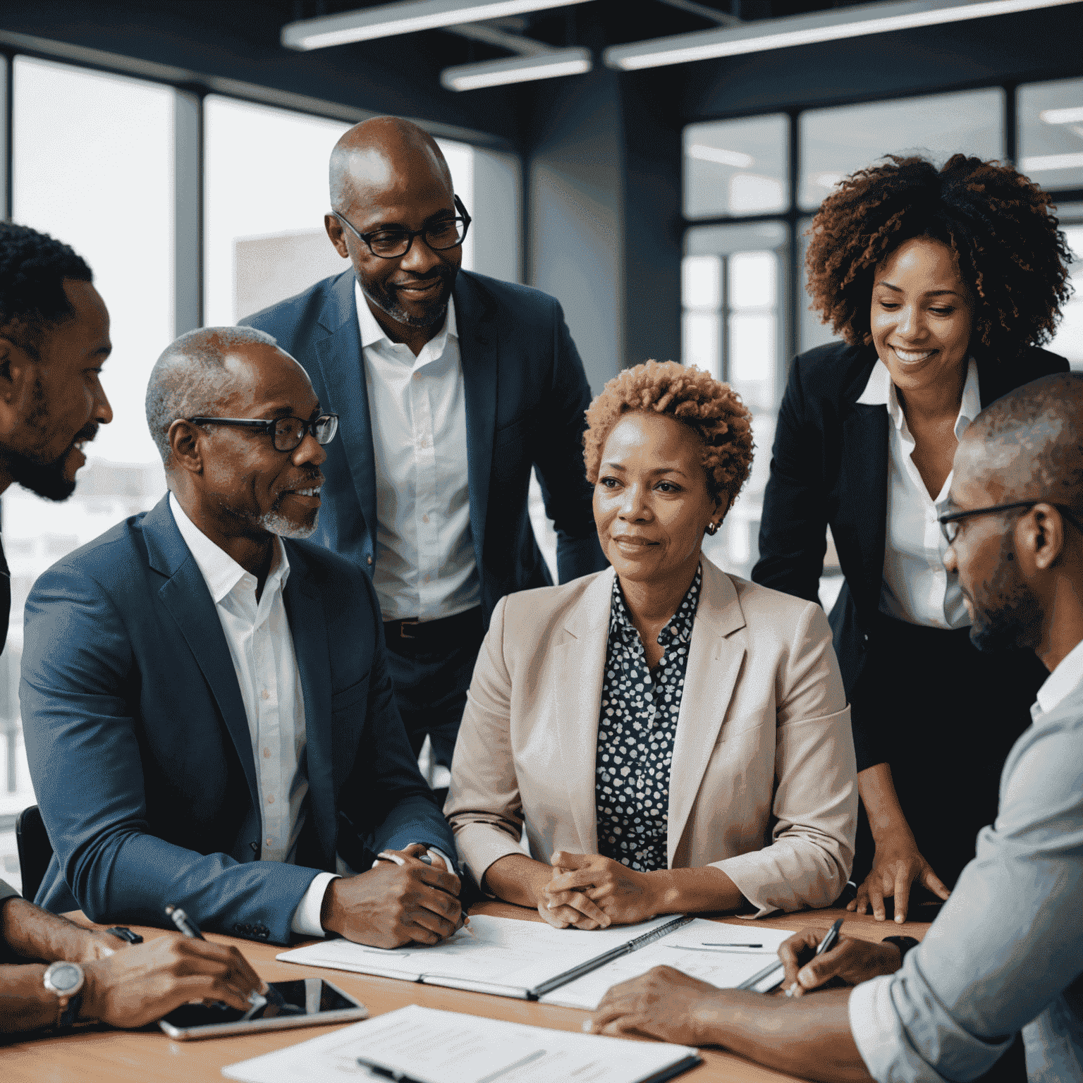 A diverse group of South African business professionals collaborating in a modern office setting, showcasing various ethnicities and ages working together on a leadership development project