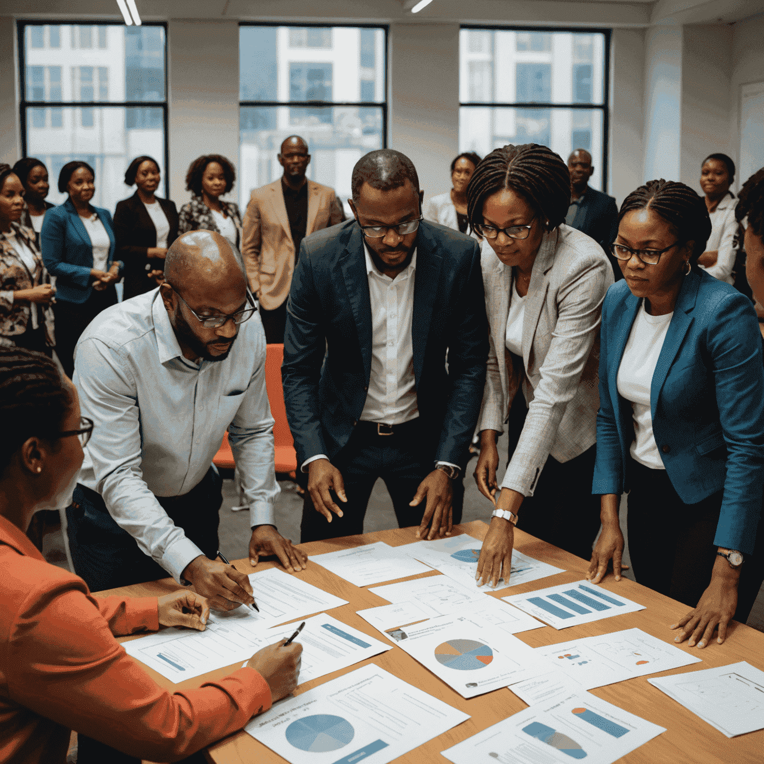 A workshop setting in Johannesburg where diverse professionals are engaged in an agile leadership training session, with interactive displays and group activities visible