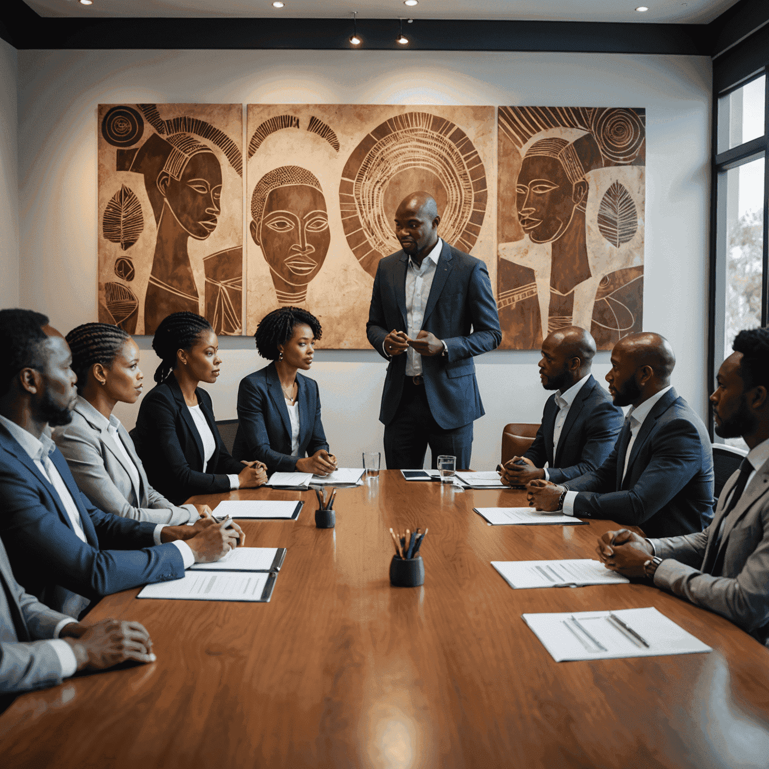 A consultant presenting a strategic plan to a diverse group of South African executives in a modern boardroom with African art on the walls