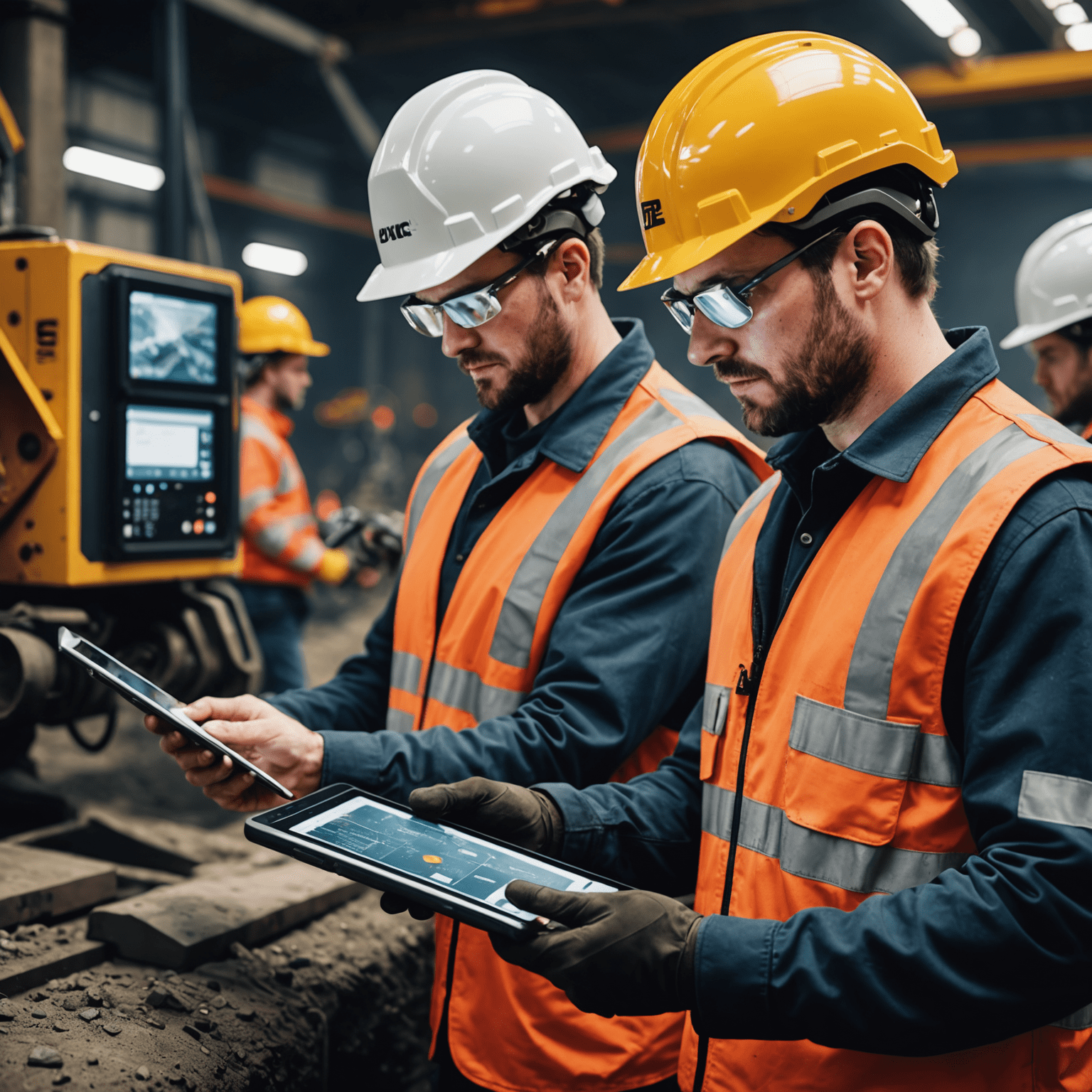 A modern mining operation with workers using tablets and smart helmets, alongside autonomous drilling equipment