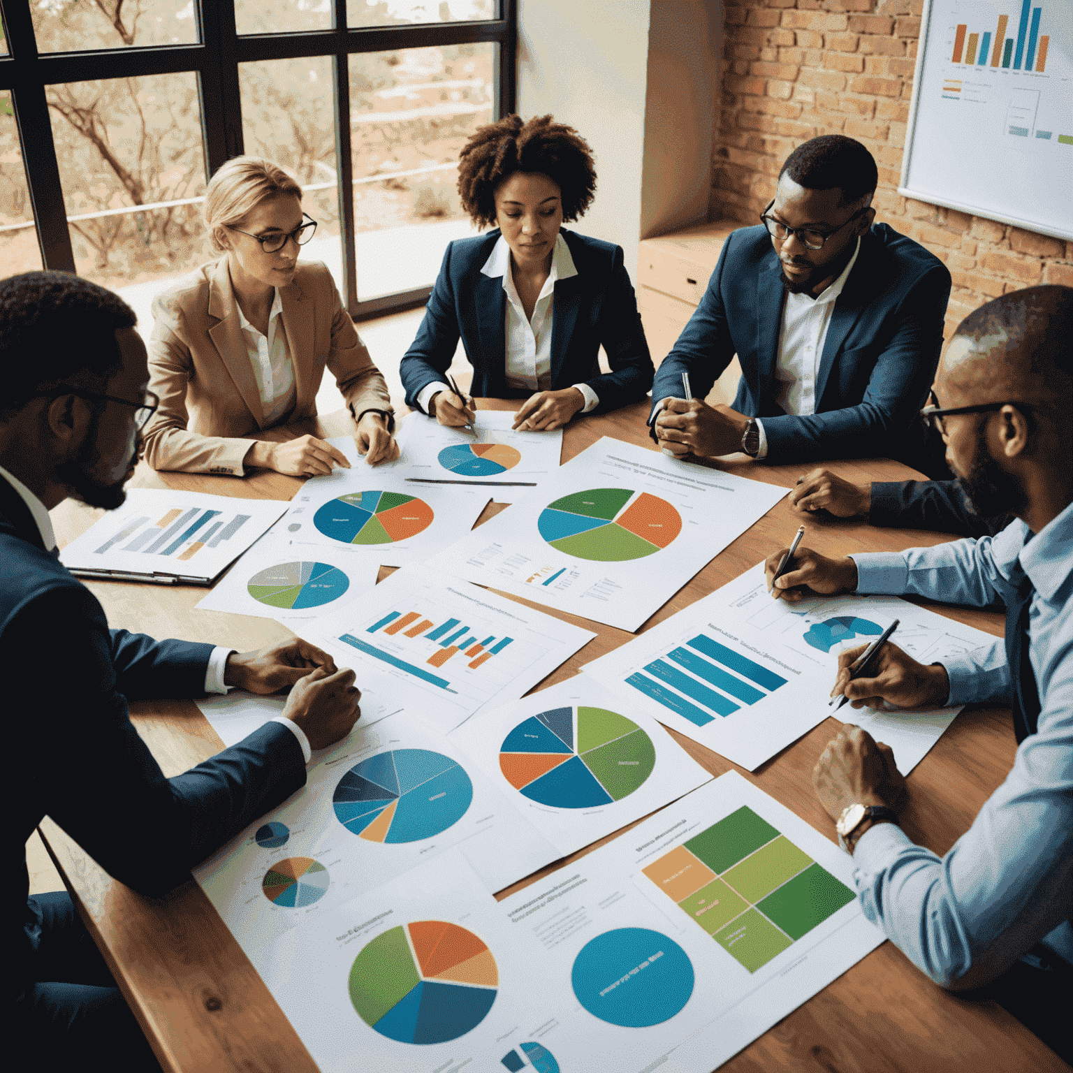 A diverse group of South African business professionals engaged in a workshop on sustainable business practices, with charts and graphs displaying environmental impact data