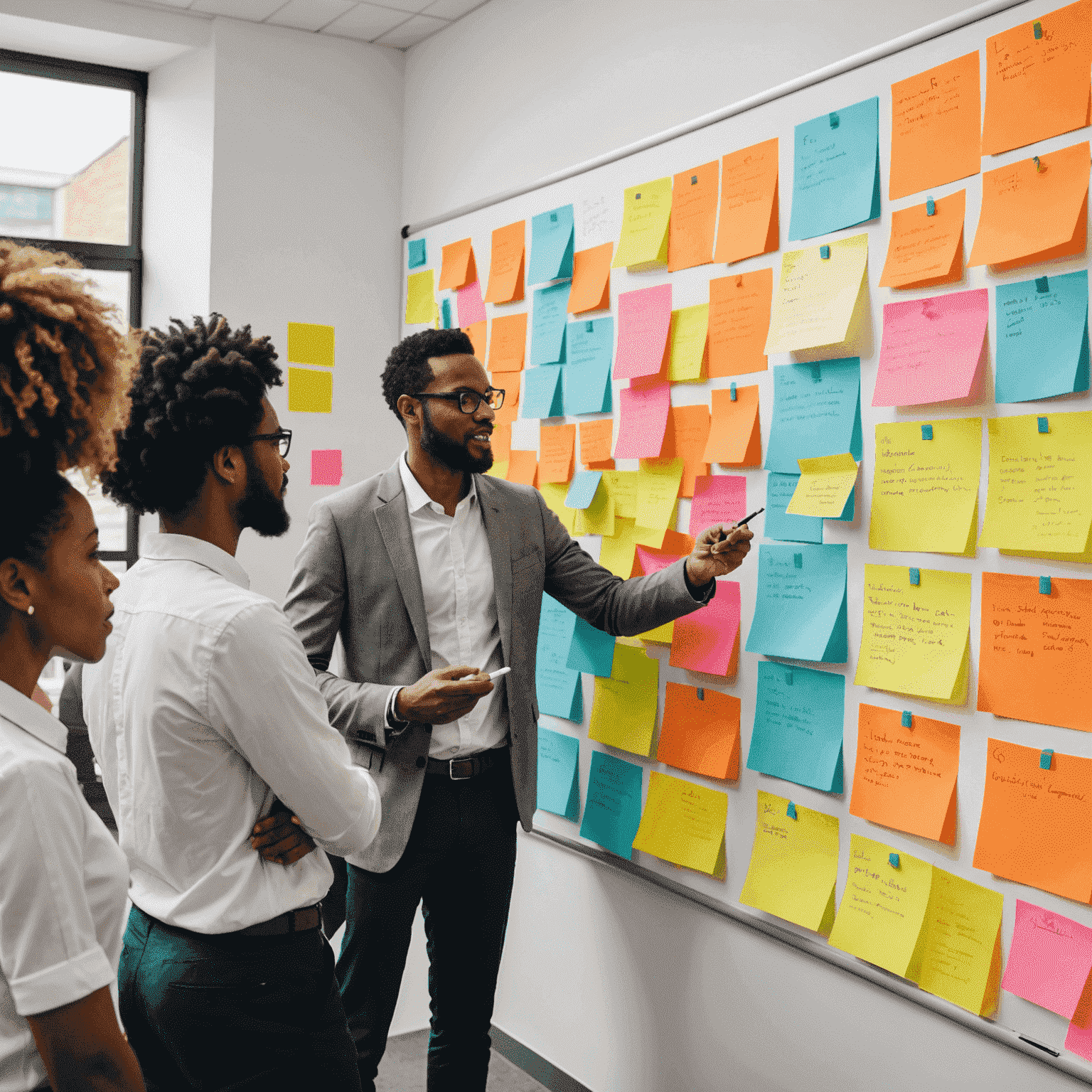 A diverse team of South African professionals engaged in a brainstorming session, using colorful sticky notes on a large whiteboard to capture ideas from various cultural perspectives