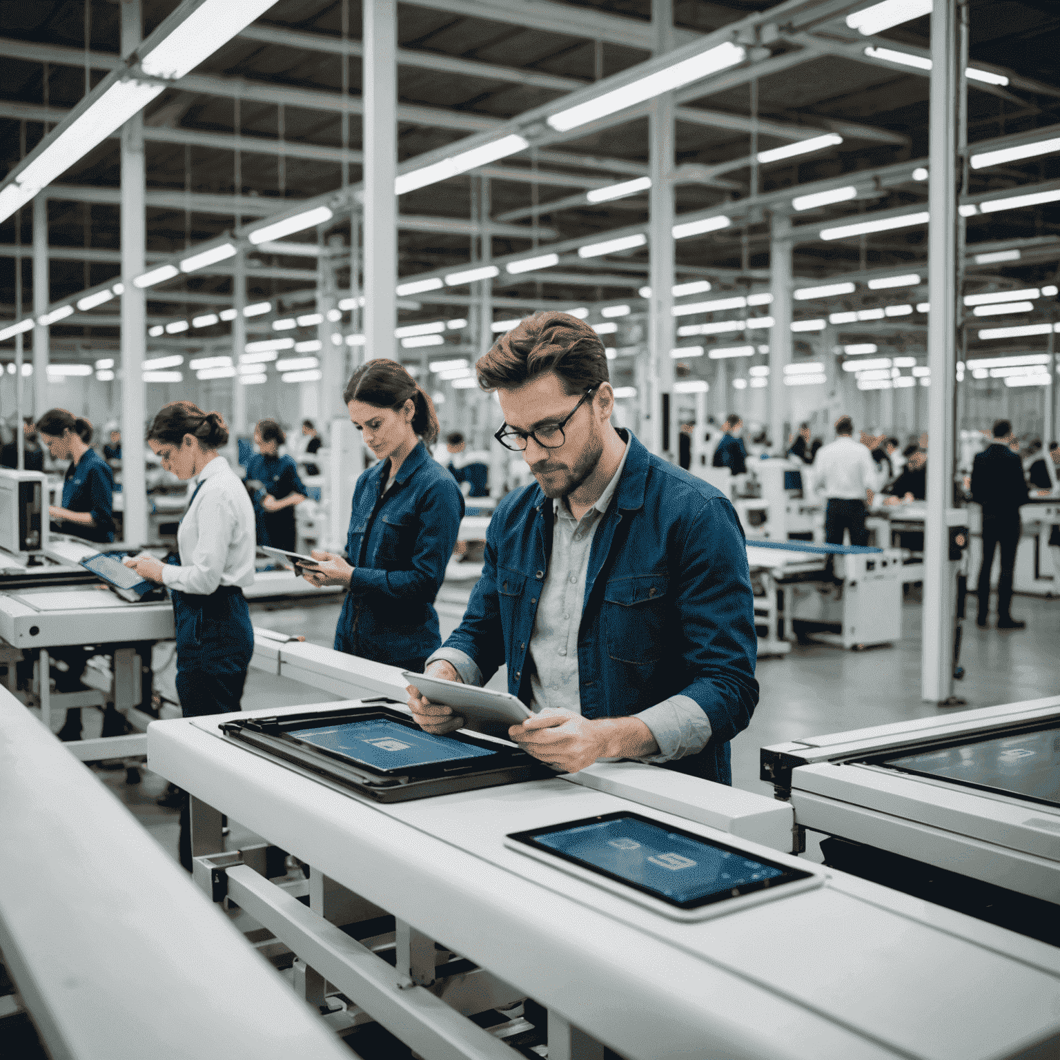 A modern textile factory floor with workers using tablets to control automated looms and 3D printers creating fabric prototypes