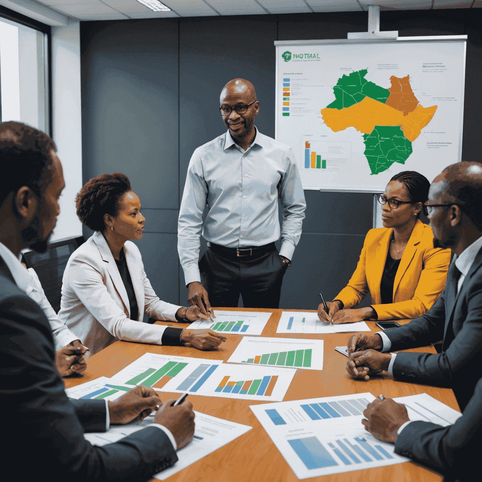 A South African consultant presenting a sustainable business strategy to a boardroom of executives, with visual aids showing renewable energy integration and community development projects