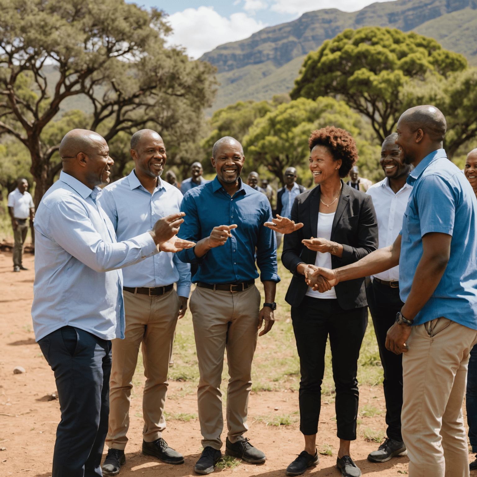 A group of diverse South African business leaders participating in an outdoor team-building exercise, demonstrating collaboration and trust-building in a natural setting